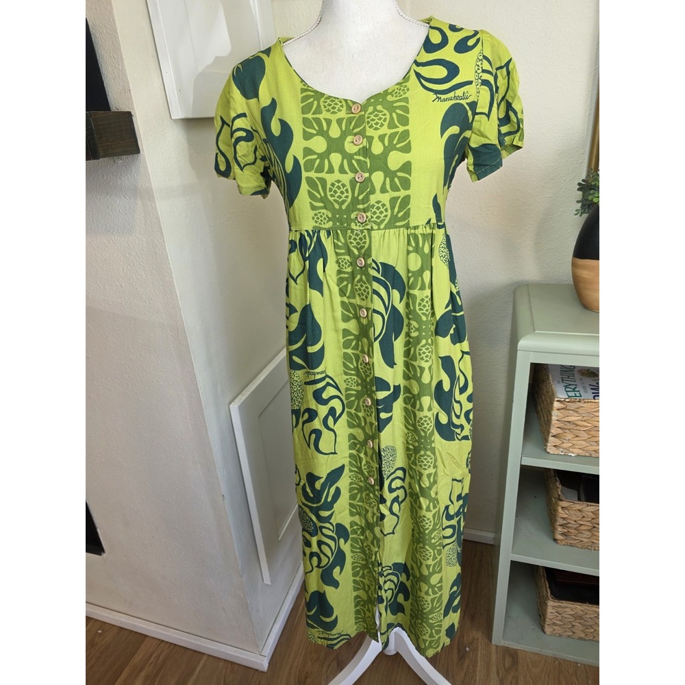 Manuheali'i Dress Green Ulu Hawaiian Medium White Tag Wood Button Vintage Maxi